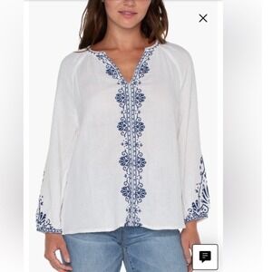 Liverpool Women's XL White Blue Embroidered V Neck Long Sleeve Gauze Tunic Top